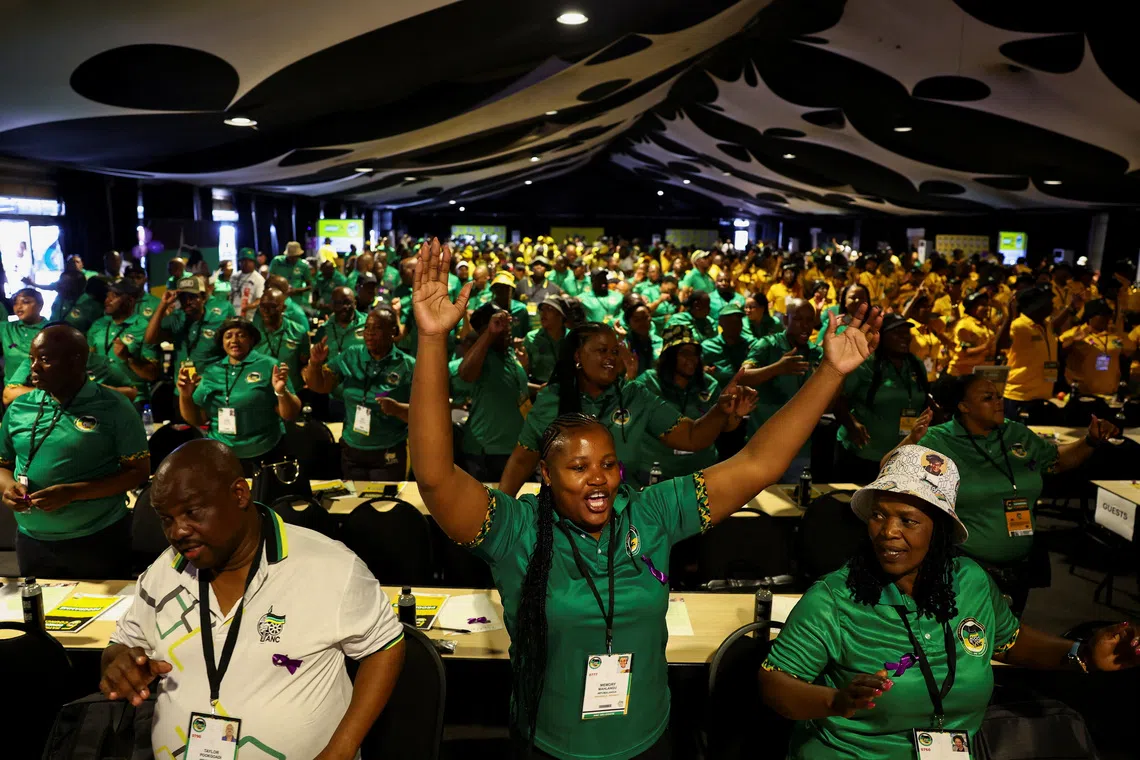 African National Congress delegates sing during the African National Congress' 5th National General Council at the Birchwood Hotel and Conference Centre in Boksburg, east of Johannesburg, South Africa, December 8, 2025. REUTERS/Siphiwe Sibeko