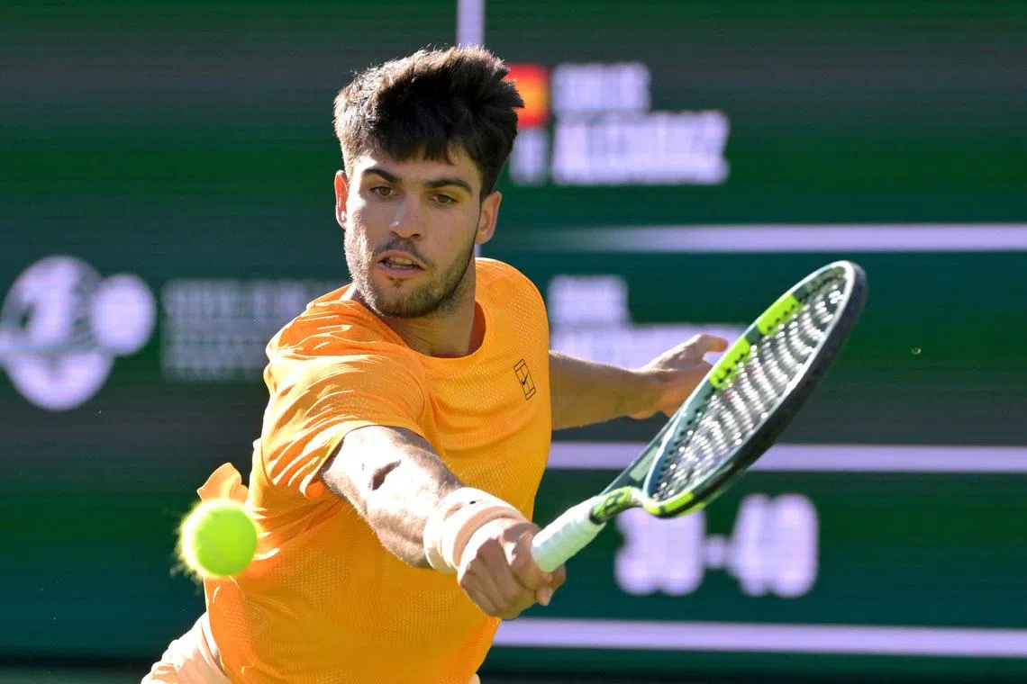 Mar 14, 2026; Indian Wells, CA, USA; Carlos Alcaraz (ESP) during his semifinal match against Daniil Medvedev (RUS) in the BNP Paribas Open at the Indian Wells Tennis Garden. Mandatory Credit: Jayne Kamin-Oncea-Imagn Images
