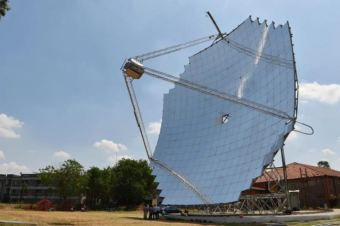 dfgreen - A large solar concentrator built by Sunrise CSP India focuses the sun’s energy to a small point in front of the dish’s mirrored surface to create high-temperature, high-pressure steam. The 520 square metre dish provides steam for the Kailish Cancer Hospital at the Muni Seva Ashram in Gujarat. Temperatures in the receiver can reach 600 deg C and the superheated steam can be used for industry, power generation, even large-scale kitchens. 

Credit: Sunrise CSP India