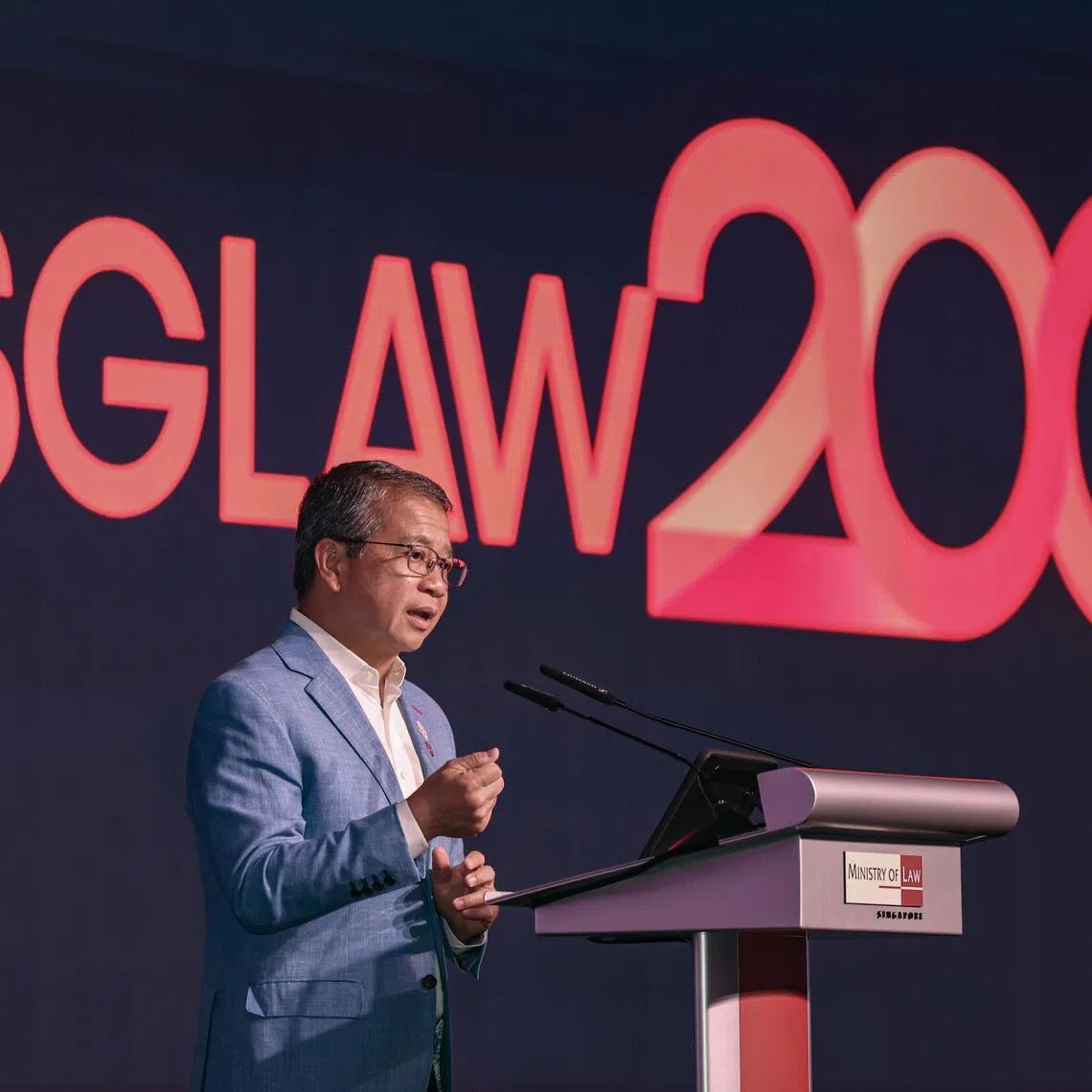 Minister for Law Edwin Tong delivering his keynote address at The Next Charter: Shaping Singapore?s Legal Future Together event, held to commemorate SGLaw200, which marks 200 years since the enactment of the Second Charter of Justice, at the Raffles City Convention Centre on March 6, 2026. ST PHOTO: BRIAN TEO