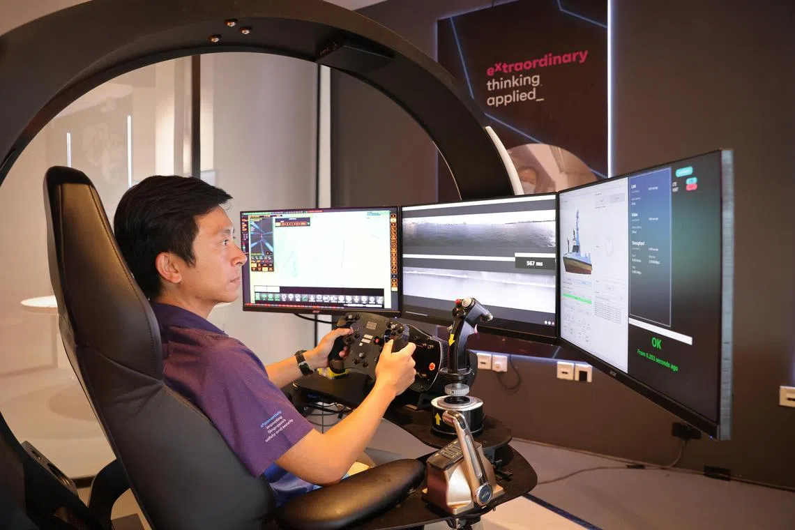 slhtx01 ST20221128_202280549738 Ong Wee Jin / 

***Embargoed until Dec 1, 2022, 0500hrs***

Edwin Wu, Lead Engineer, Maritime Systems, HTX, remotely piloting the Firefighting Unmanned Surface VEssel (FiFi US) from a Ground Control Station (pictured). FiFi USV is developed to augment SCDF's maritime firefighting and emergency response capabilities and envisaged to be the first responder in high-risk situations such as when there is a maritime Hazardous Material (HazMat) situation.


HTX (Home Team Science and Technology Agency) organized TechXplore, a two-day science and technology exhibition, from 28 to 29 Nov 2022 in the lead up to HTX’s 3rd anniversary on Dec 1 2022.

The exhibition featured a selection of the latest capabilities that play a critical role in keeping Singapore safe and secure.

Photographed on Nov 28, 2022.
