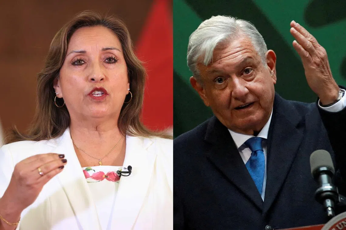 Peruvian President Dina Boluarte (left) criticised Mexican President Andres Manuel Lopez Obrador’s “unacceptable” interference in Lima’s affairs.