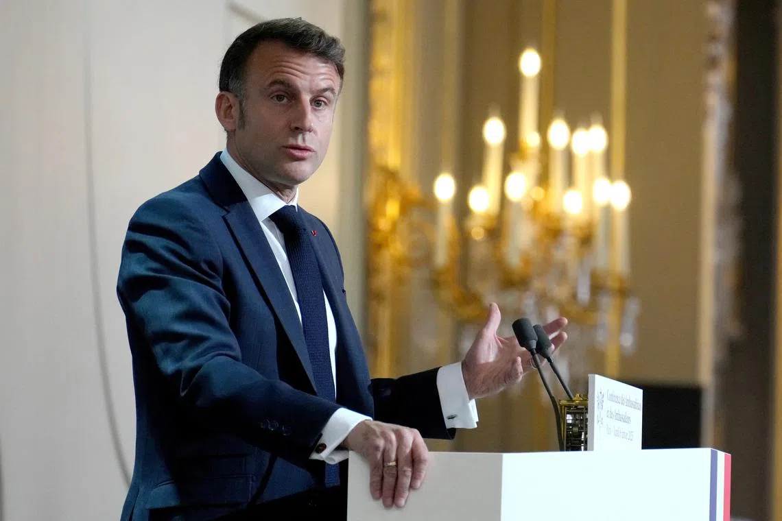 French President Emmanuel Macron delivers his speech to French ambassadors posted around the world, Monday, Jan. 6, 2025 at the Elysee Palace in Paris.  Aurelien Morissard/Pool via REUTERS