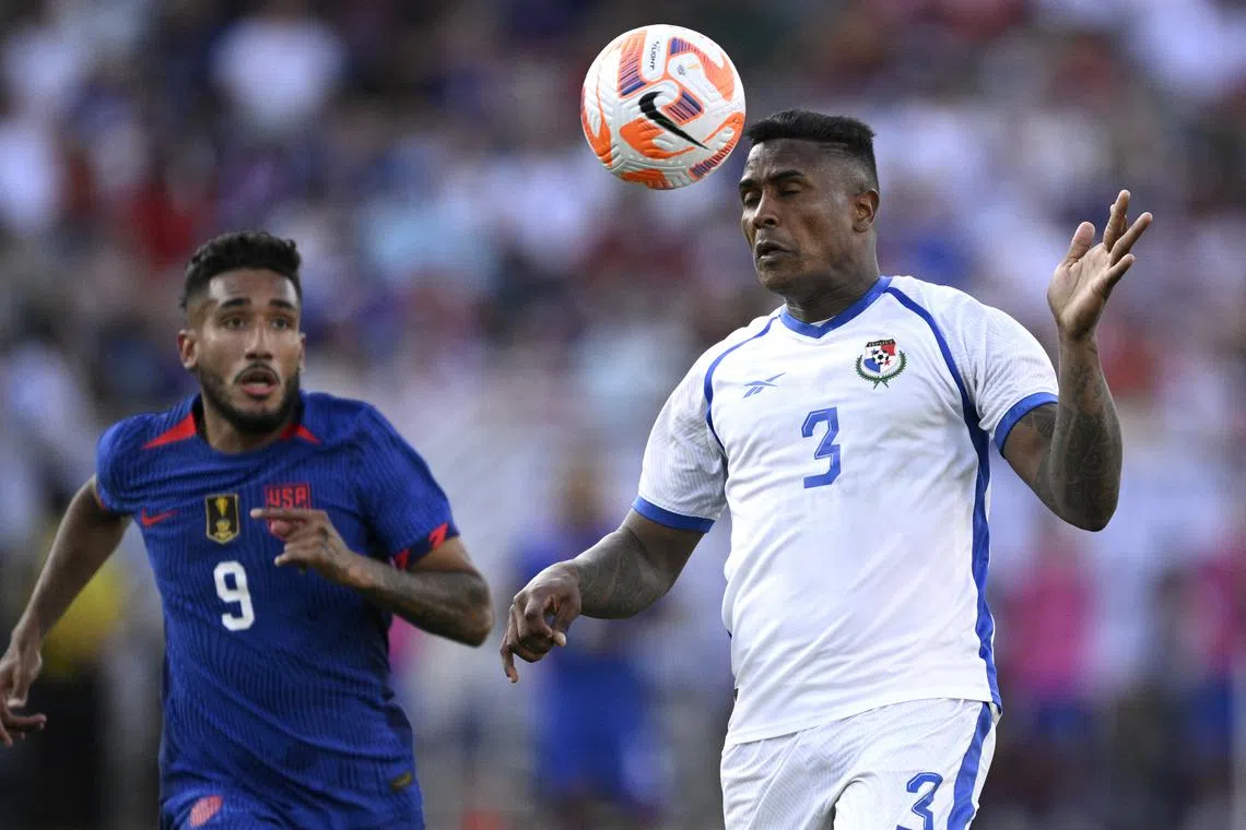 FILE PHOTO: Jul 12, 2023; San Diego, Californina, USA; Panama defender Harold Cummings (3) heads the ball as United States forward Jesús Ferreira (9) looks on during the second half at Snapdragon Stadium. Mandatory Credit: Orlando Ramirez-USA TODAY Sports