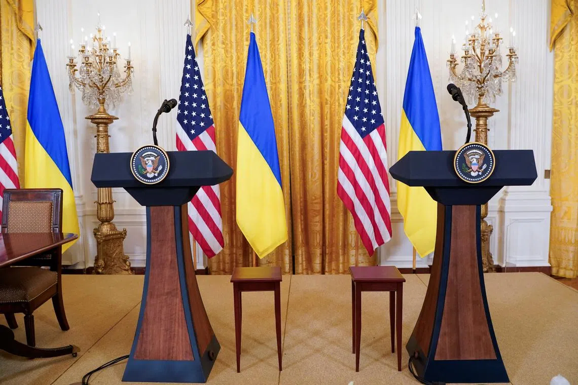 FILE PHOTO: The set up for a press conference with Ukrainian President Volodymyr Zelenskiy and U.S. President Donald Trump which was canceled following their Oval Office meeting is pictured, at the White House in Washington, D.C., U.S., February 28, 2025. REUTERS/Nathan Howard