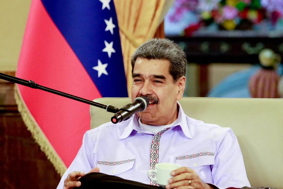 Venezuela's President Nicolas Maduro, speaks on the day he meets with Caribbean parliamentarians from 14 countries to sign a peace agreement in the region, amid rising tensions with the United States, at Miraflores Palace in Caracas, Venezuela, October 31, 2025. Miraflores Palace/Handout via REUTERS