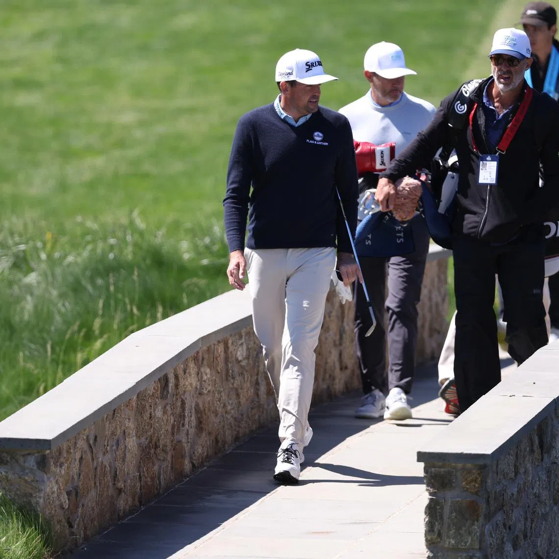 May 12, 2026; Newtown Square, Pennsylvania, Keegan Bradley walks up the seventeenth hole during a practice round of the PGA Championship golf tournament at Aronimink Golf Club. Mandatory Credit: Bill Streicher-Imagn Images