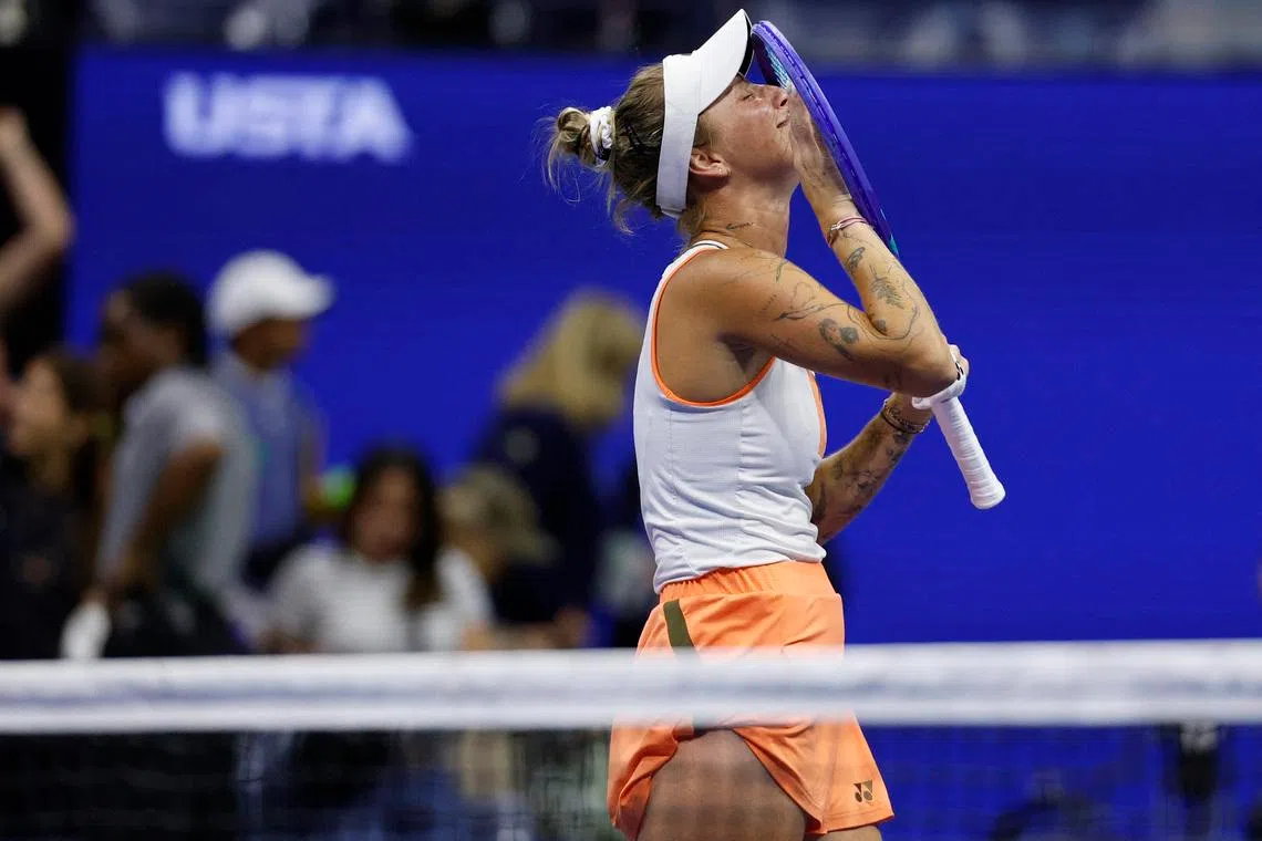 Aug 31, 2025; Flushing, NY, USA; Marketa Vondrousova celebrates after her match against Elena Rybakina (KAZ) (not pictured) on day eight of the 2025 US Open tennis championships at Billie Jean King National Tennis Center. Mandatory Credit: Geoff Burke-Imagn Images