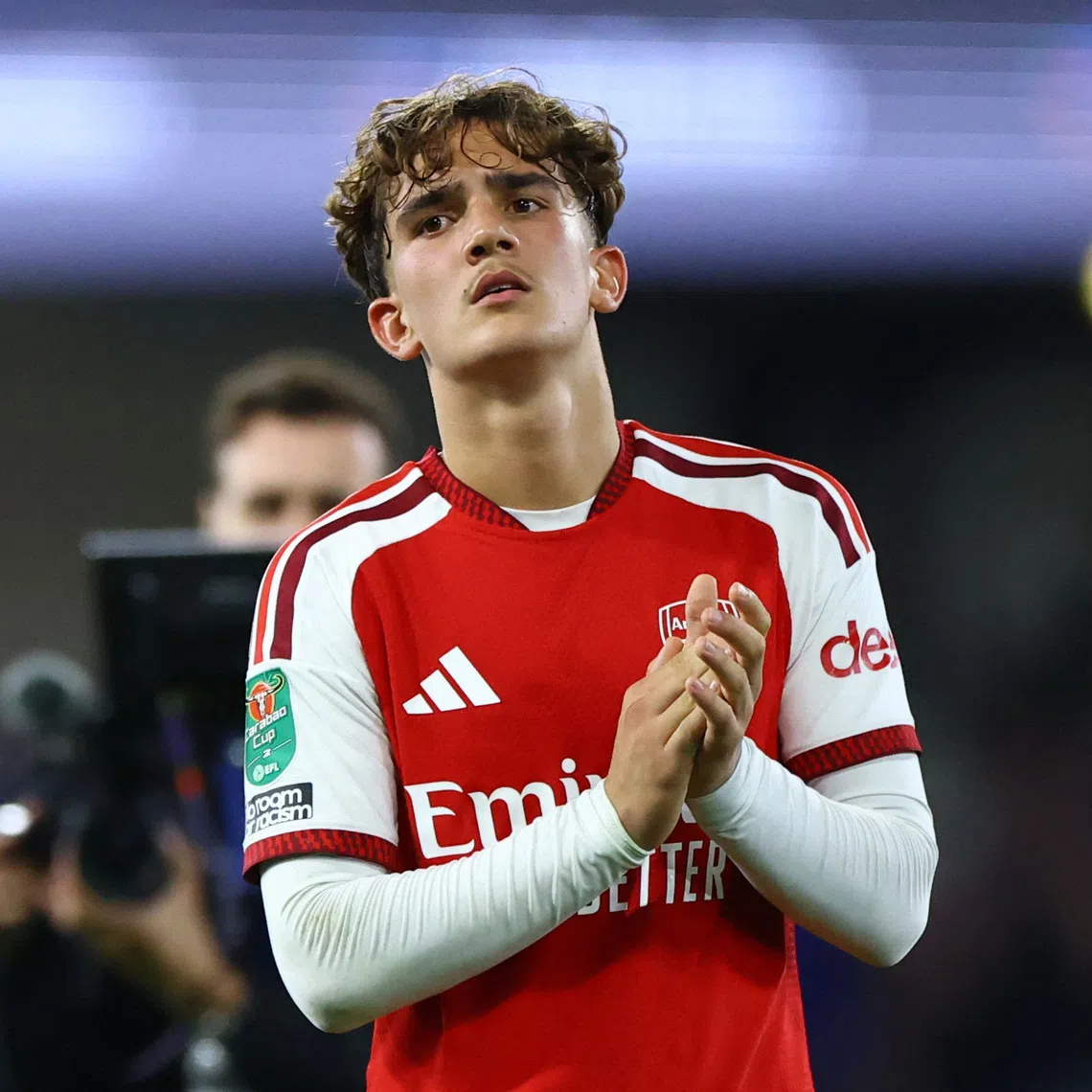 Arsenal’s Max Dowman celebrates after the match, where he scored twice to give his side a 4-2 League Cup victory at Ipswich Town.