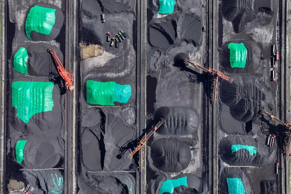 Coal is sorted into piles at a coal yard at the port in Ningbo, in Chinas eastern Zhejiang province on July 16, 2024. 