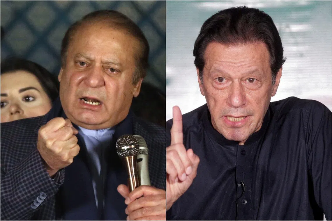 Mr Nawaz Sharif’s (left) party won the most seats by a single party in the Feb 8 election, but supporters of imprisoned Imran Khan won the most seats overall.