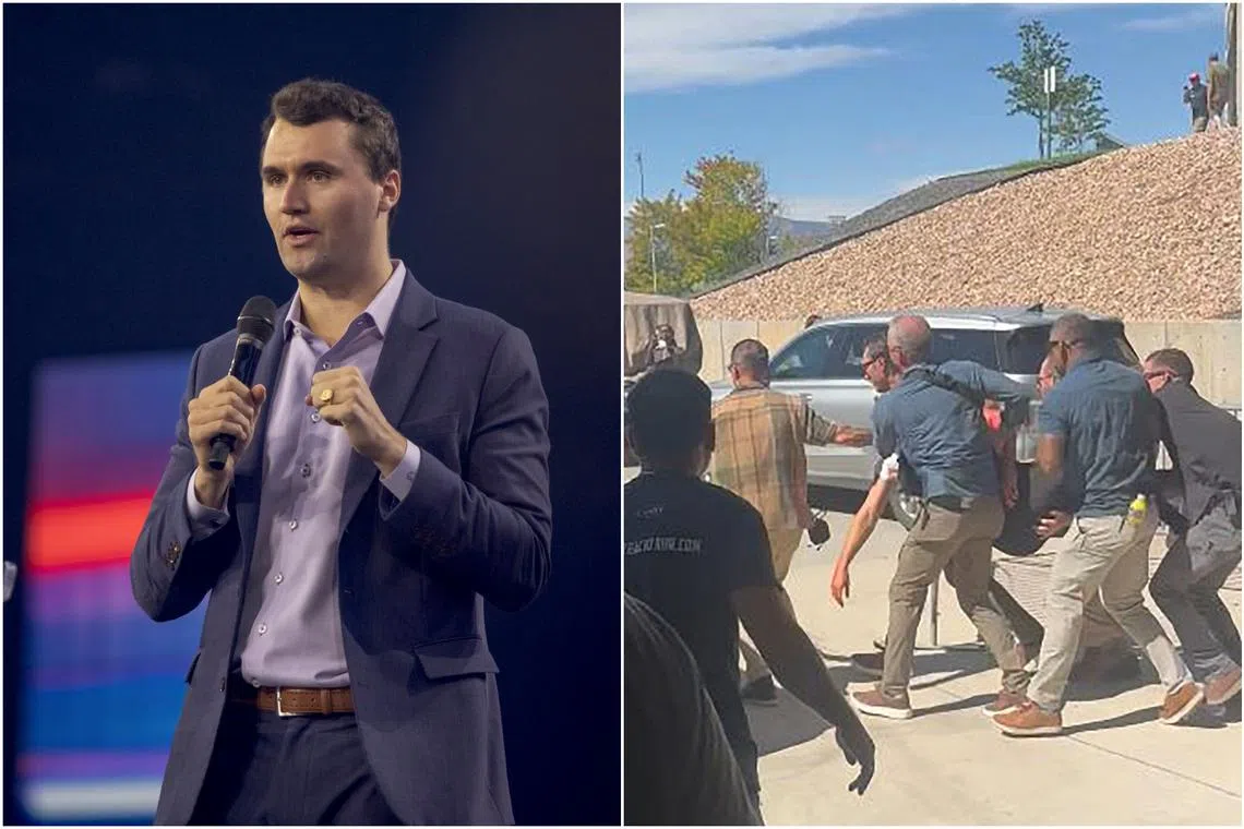 Security personnel (right) carrying Mr Charlie Kirk after he was shot during a public event at Utah Valley University on Sept 10.