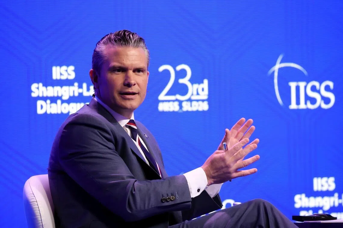 US War Secretary Pete Hegseth speaking at the first plenary session at the Shangri-La Dialogue on May 30.