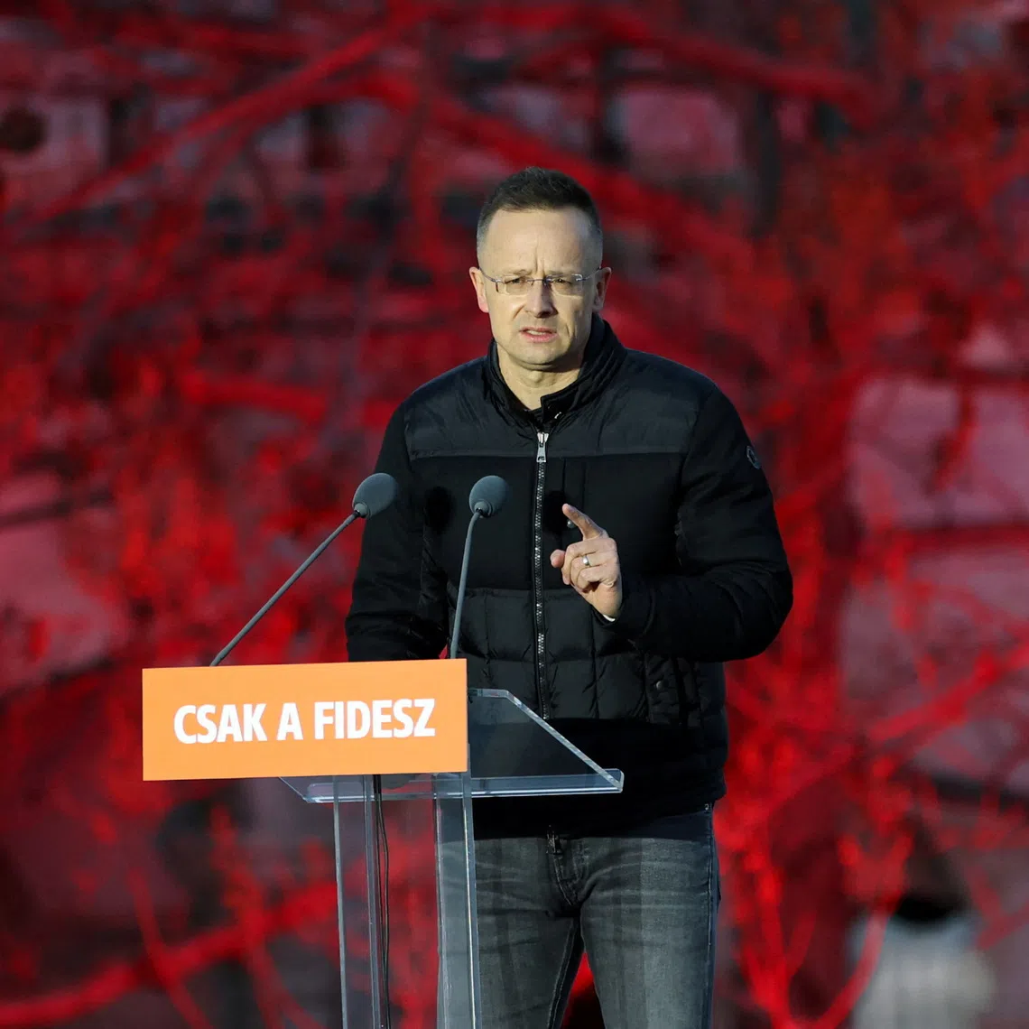 FILE PHOTO: Hungarian Foreign Minister Peter Szijjarto speaks during the closing rally, ahead of the Parliamentary election, in Budapest, Hungary, April 11, 2026. REUTERS/Leonhard Foeger/File Photo