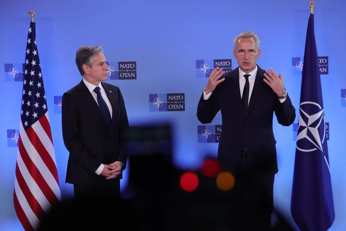 US Secretary of State Antony Blinken (left) and Nato secretary-general Jens Stoltenberg speak to the press at the beginning of a two-day Foreign Ministers Council meeting in Brussels, Belgium.