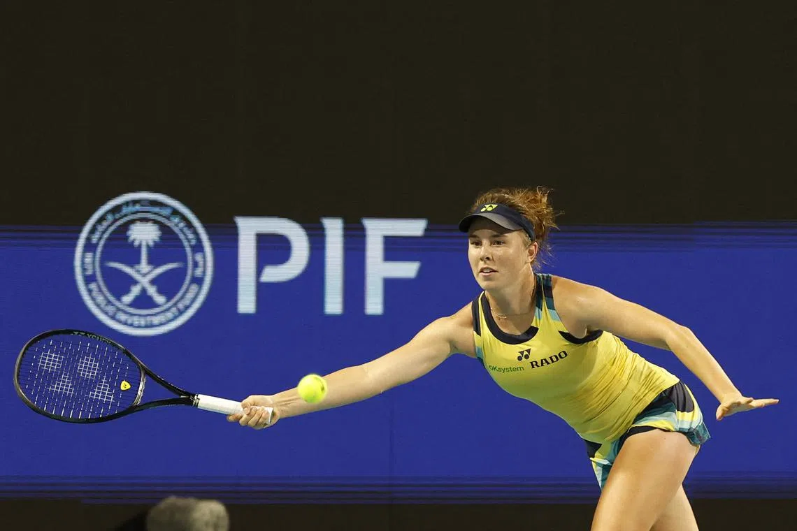 Mar 24, 2024; Miami Gardens, FL, USA; Linda Noskova (CZE) reaches for a forehand against Iga Swiatek (POL) (not pictured) on day seven of the Miami Open at Hard Rock Stadium. Mandatory Credit: Geoff Burke-USA TODAY Sports