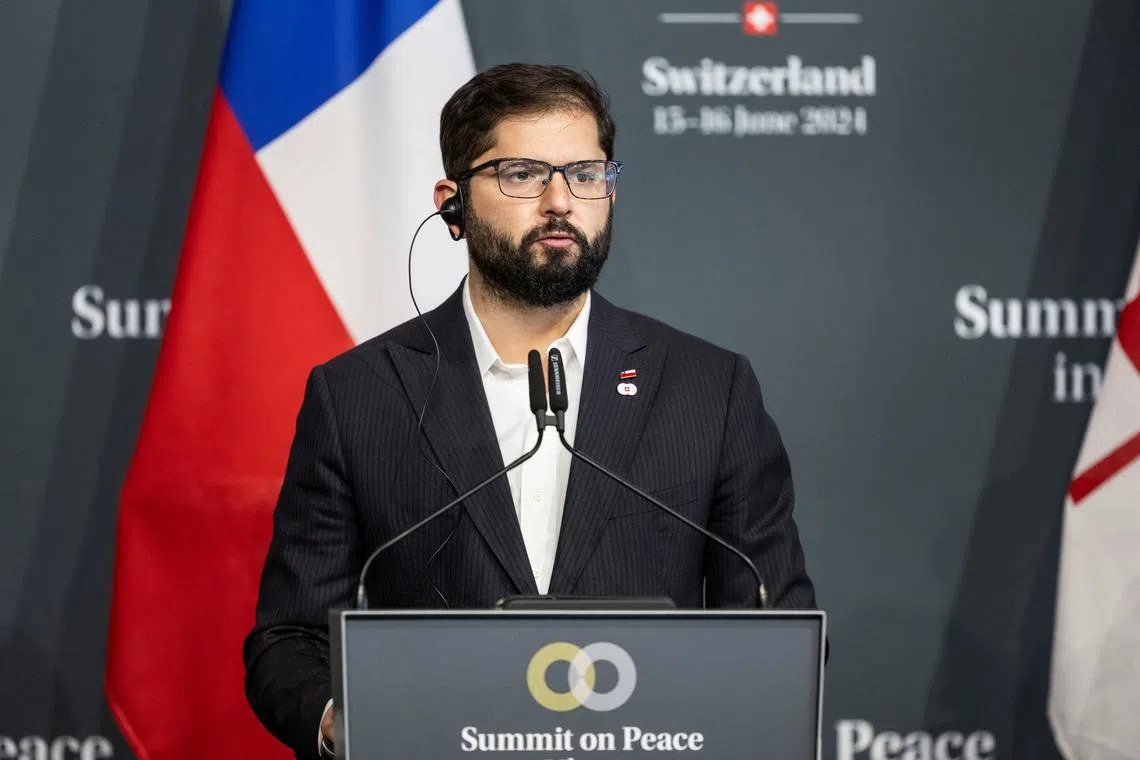 FILE PHOTO: President Gabriel Boric of Chile speaks during a press conference, during the Summit on Peace in Ukraine, in Stansstad, Switzerland, June 16, 2024. ALESSANDRO DELLA VALLE/Pool via REUTERS/File Photo