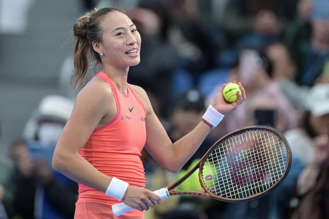 China’s Zheng Qinwen celebrates her victory over Russia’s Diana Shnaider in the semi-finals of the Pan Pacific Open tennis tournament in Tokyo on Oct 26, 2024.