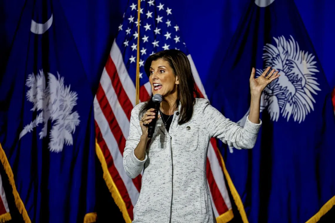 Republican US presidential candidate Nikki Haley speaks during a campaign event, in North Charleston, South Carolina.