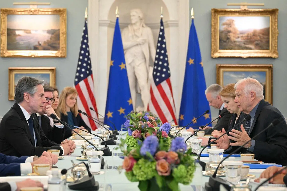 TOPSHOT - US Secretary of State Antony Blinken (L) meets with European Union High Representative for Foreign Affairs, Josep Borrell (R), in the Thomas Jefferson Room of the State Department in Washington, DC, on March 13, 2024. (Photo by Mandel NGAN / AFP)