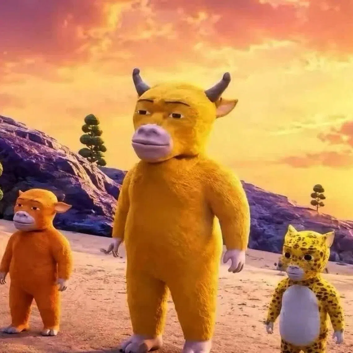 A scene from Chinese animated movie Niu Lai features (from left) a newborn calf named Niu Lai, his mother and an orphaned leopard named Bao La.