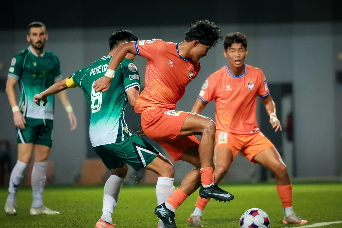 Albirex Niigata's Shingo Nakano scoring a goal against Geylang International during the Singapore Cup match at Our Tampines Hub on Nov 1, 2025.