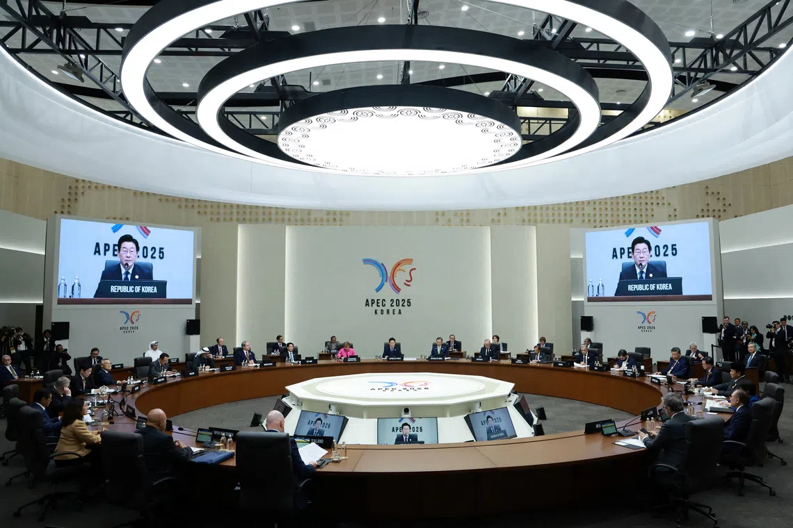 South Korea's President Lee Jae Myung speaks during the Asia-Pacific Economic Cooperation (APEC) summit in Gyeongju, South Korea, October 31, 2025.   Yonhap via REUTERS   THIS IMAGE HAS BEEN SUPPLIED BY A THIRD PARTY. NO RESALES. NO ARCHIVES. SOUTH KOREA OUT. NO COMMERCIAL OR EDITORIAL SALES IN SOUTH KOREA.