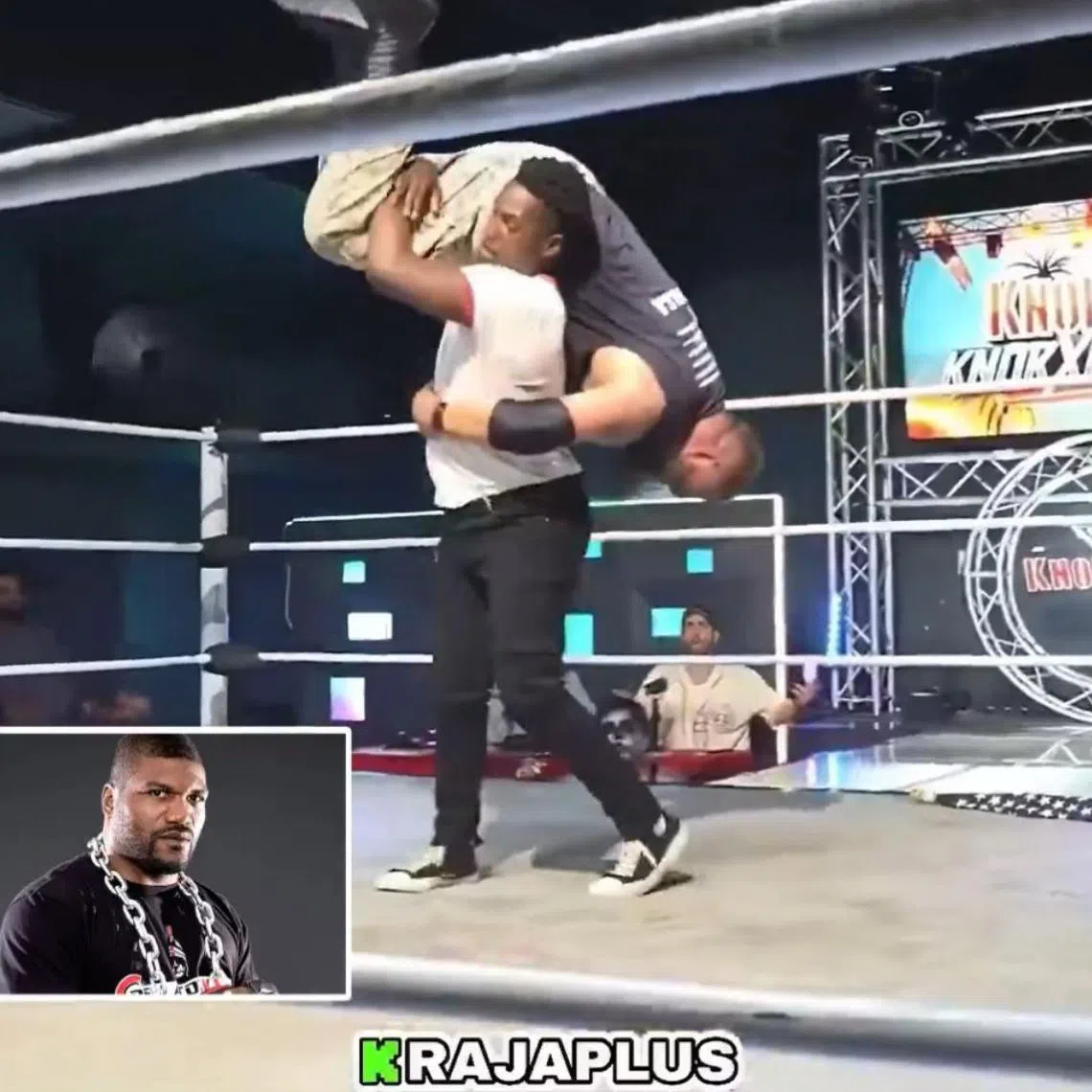 Mr Raja Jackson, 25, can be seen lifting wrestler Mr Stuart Smith above his head, slamming him onto the mat and punching him at least 20 times.