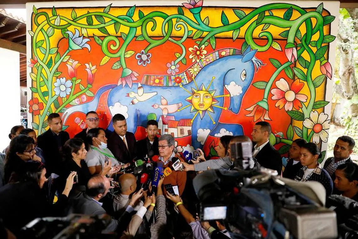 FILE PHOTO: Pablo Beltran, head of leftist guerrilla group National Liberation Army (ELN), speaks with members of the media in Caracas, Venezuela January 21, 2023. REUTERS/Leonardo Fernandez Viloria/File Photo
