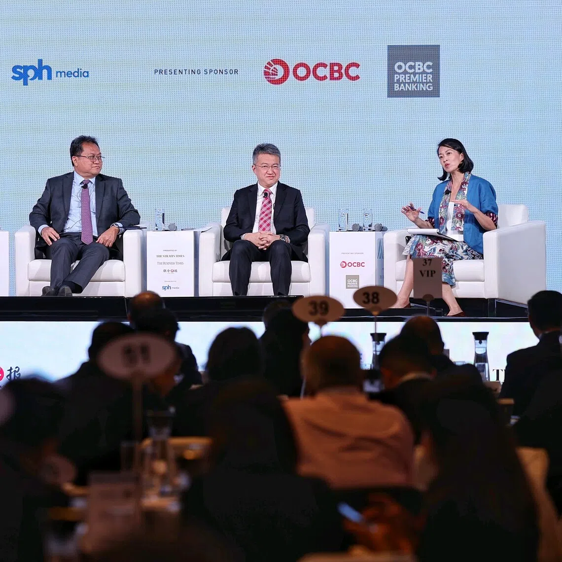 (From left) Mr Teo Siong Seng, Pacific International Lines executive chairman and Singapore Business Federation chairman; Dr Yose Rizal Damuri, executive director of Indonesia’s Centre for Strategic and International Studies; and Mr Liew Chin Tong, Malaysia’s Deputy Minister of Investment, Trade and Industry; at a dialogue moderated by ST foreign editor Li Xueying during the Asia Future Summit on Oct 9.