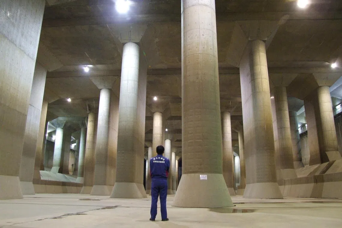 A Kanto Regional Development Bureau official on a routine check of a water storage tank at Japan’s Metropolitan Area Outer Underground Discharge Channel. It is the world’s largest underground floodwater diversion facility.