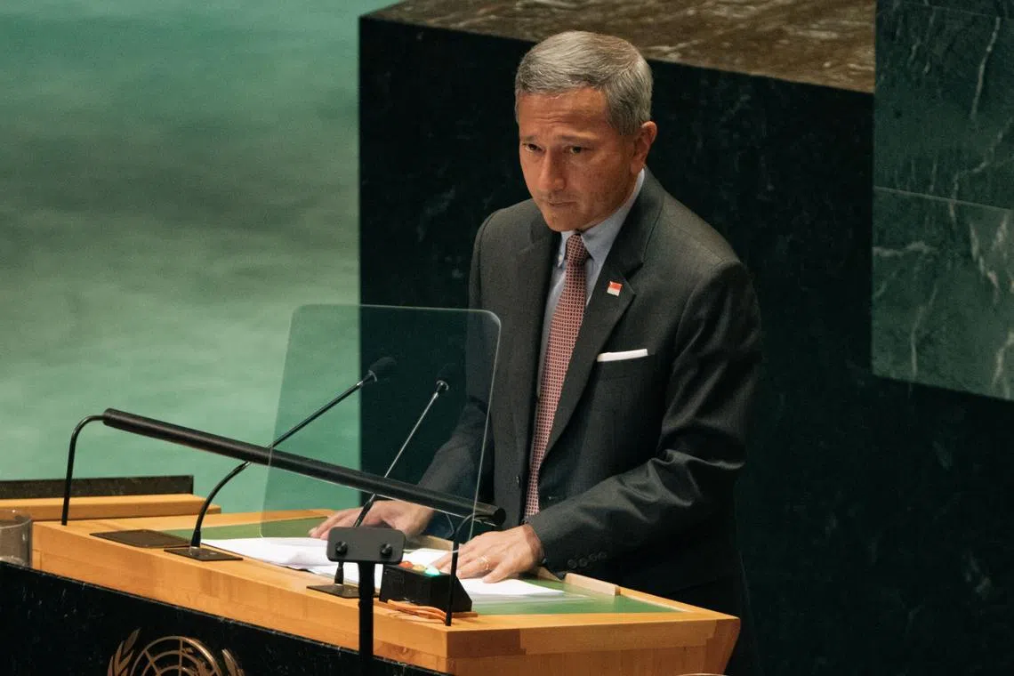 Minister for Foreign Affairs Vivian Balakrishnan speaks during the United Nations General Assembly (UNGA) in New York on Sept. 28, 2024. 