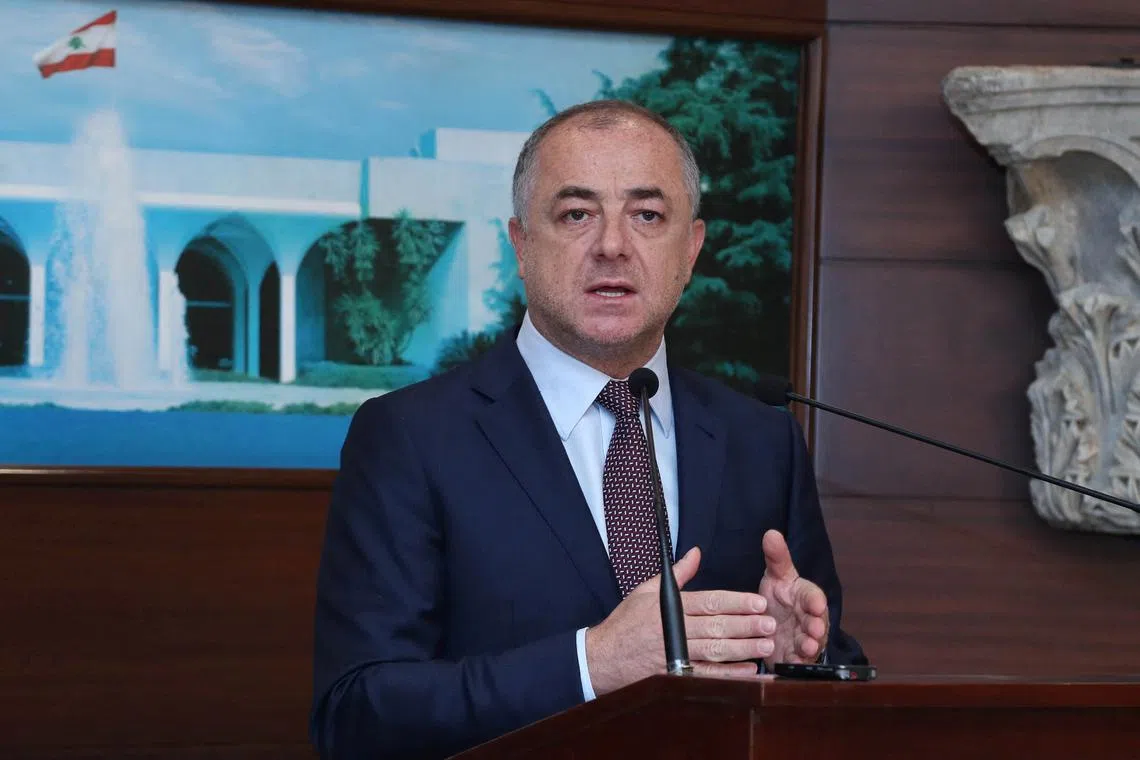 Lebanon's Deputy Parliament Speaker Elias Bou Saab, the lead negotiator on U.S.-mediated maritime border deal with Israel, gestures as he speaks at the presidential palace in Baabda, Lebanon October 11, 2022. Dalati Nohra/Handout via REUTERS/File Photo