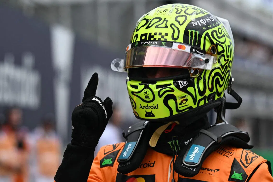 McLaren's Lando Norris gesturing after taking pole position for the Australian grand prix, ahead of teammate Oscar Piastri, on March 15.