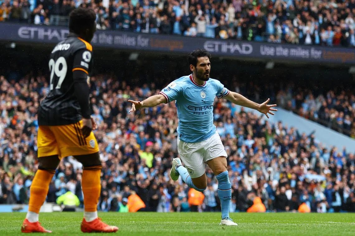 Manchester City's Ilkay Gundogan celebrating after scoring the opener against Leeds United at the Etihad on Saturday.
