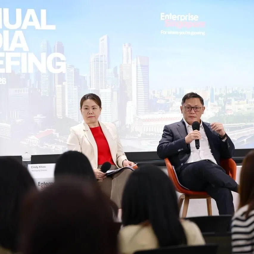 EnterpriseSG chairman Lee Chuan Teck (right) and managing director Cindy Khoo at the EnterpriseSG’s Annual Media Briefing on Jan 27.