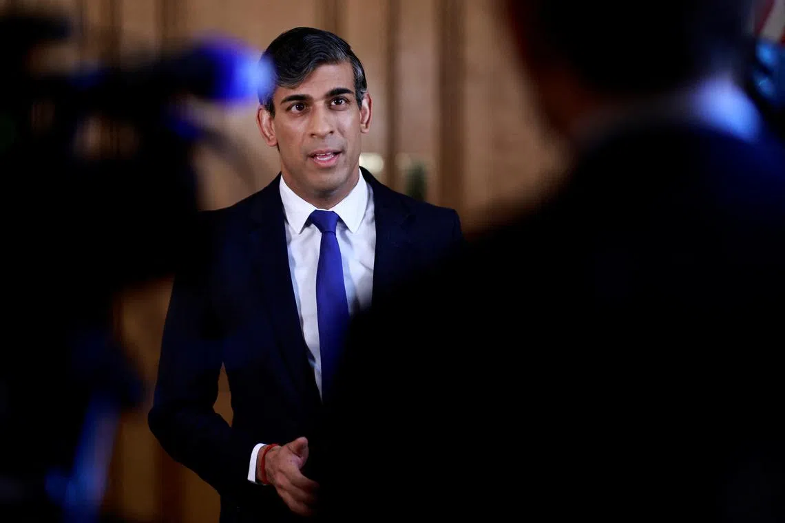 British Prime Minister Rishi Sunak records a statement on the Iranian attacks on Israel overnight, inside 10 Downing Street in central London, Britain, April 14, 2024. BENJAMIN CREMEL/Pool via REUTERS