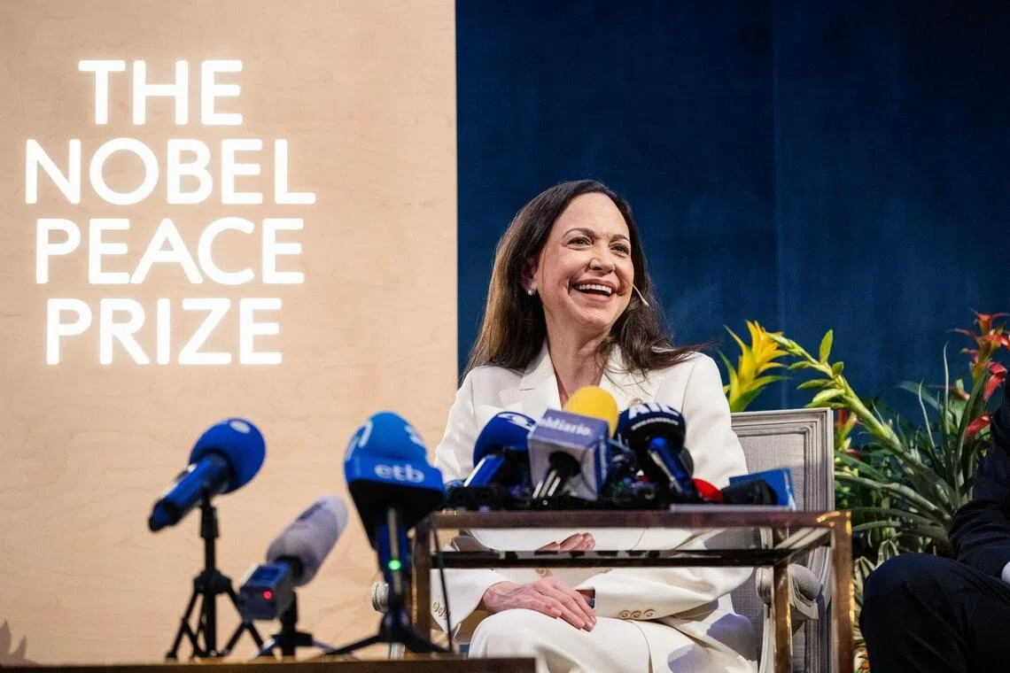 Maria Corina Machado, laureate of the 2025 Nobel Peace Prize, during a news conference in Oslo, Norway, on Thursday, Dec. 11, 2025. Venezuelan dissident Maria Corina Machado said she plans to ultimately go back home and disappear from authorities to continue fighting for democracy. Photographer: Lars Martin Hunstad/Bloomberg