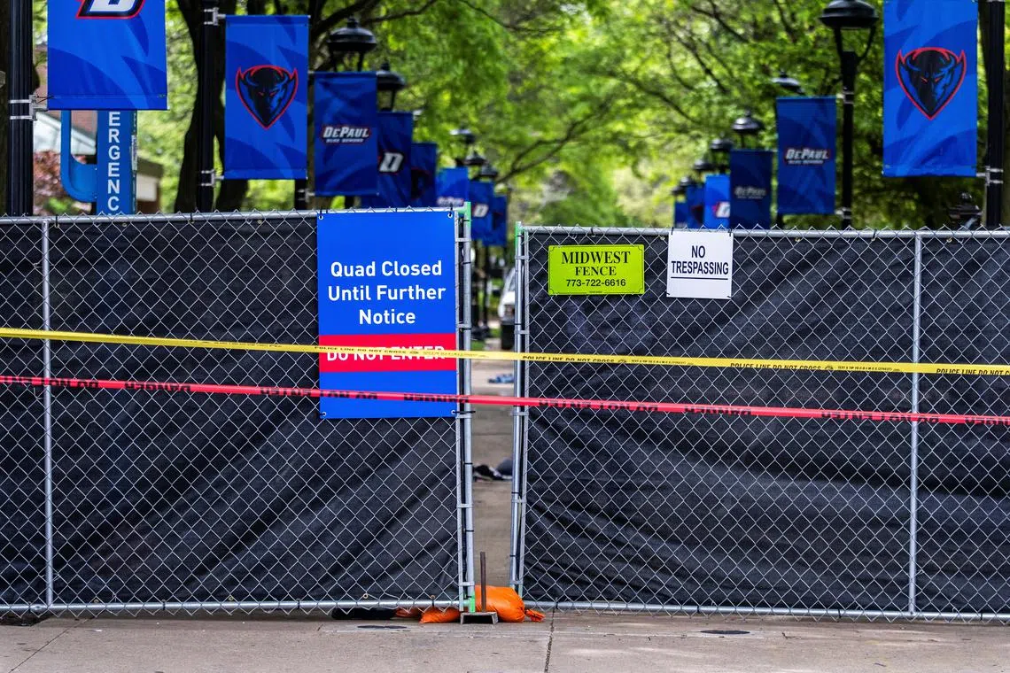 FILE PHOTO: Police tape closes off the site of a dismantled pro-Palestinian encampment, as the conflict between Israel and the Palestinian Islamist group Hamas continues, at DePaul University in Chicago, Illinois, U.S., May 16, 2024. REUTERS/Jim Vondruska/File Photo