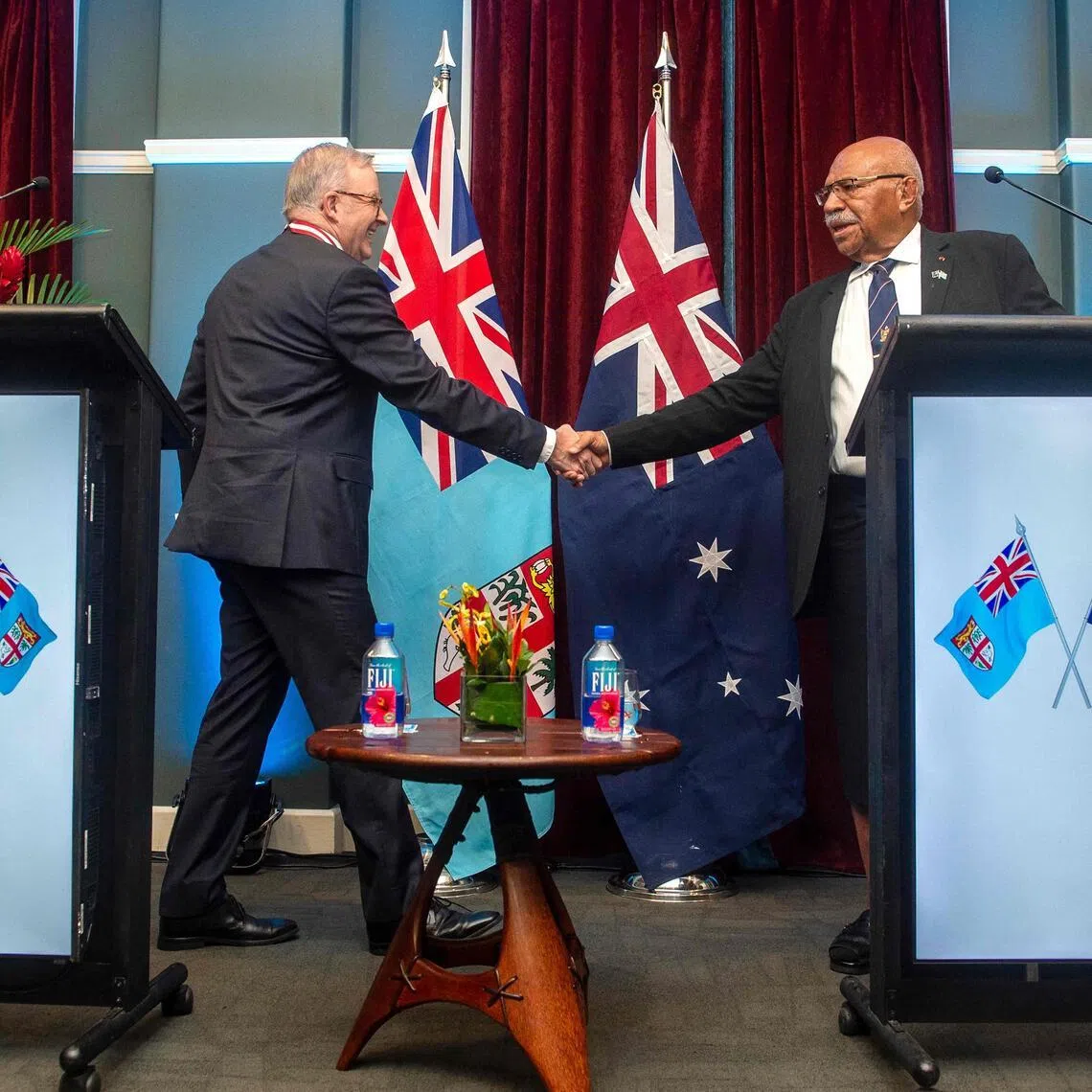 Australian Prime Minister Anthony Albanese (left) and Fiji’s Prime Minister Sitiveni Rabuka at their joint press conference in Suva on July 6.