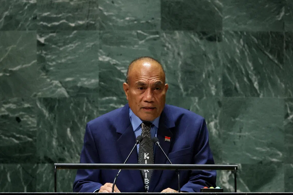FILE PHOTO: President of Kiribati Taneti Maamau addresses the 78th Session of the U.N. General Assembly in New York City, U.S., September 21, 2023. REUTERS/Brendan McDermid/File Photo