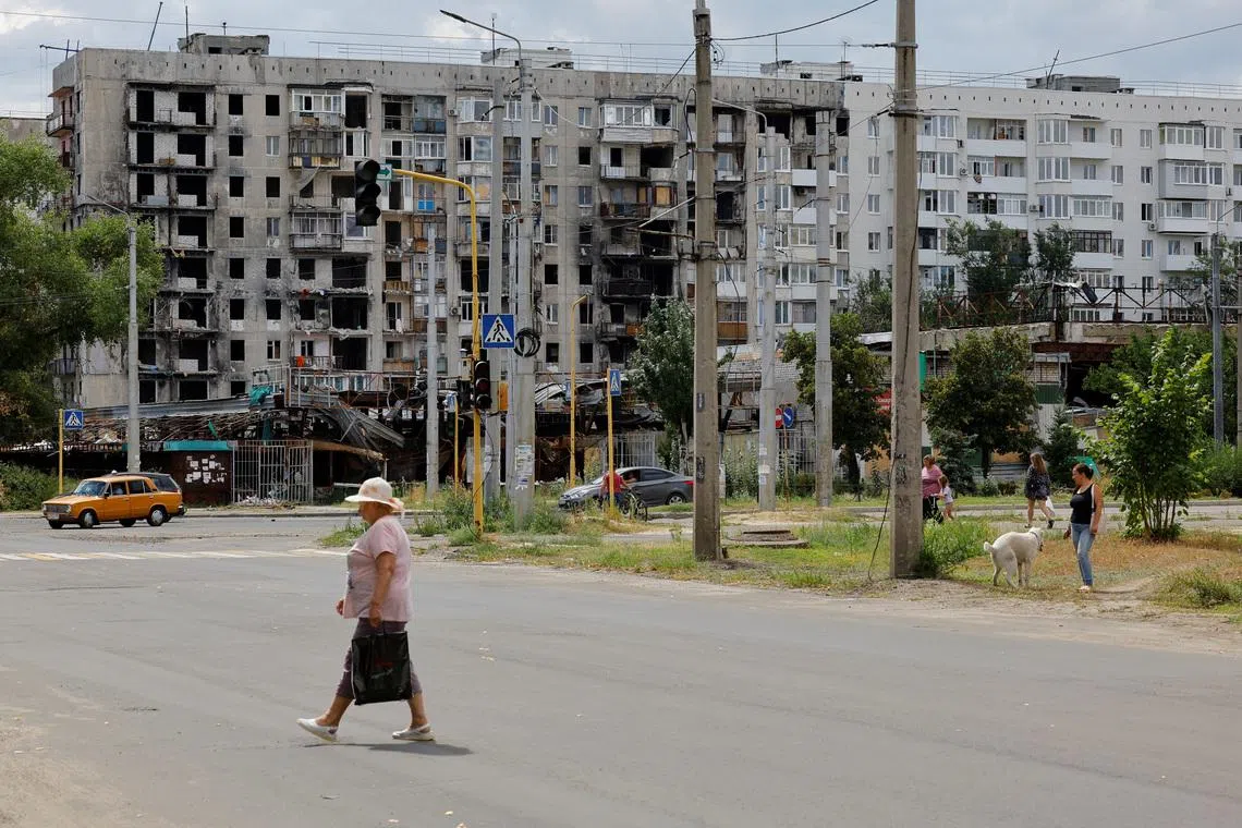 A view shows a multi-storey residential building damaged in the course of Russia-Ukraine conflict in the town of Severodonetsk in the Luhansk region, Russian-controlled Ukraine August 8, 2024. REUTERS/Alexander Ermochenko