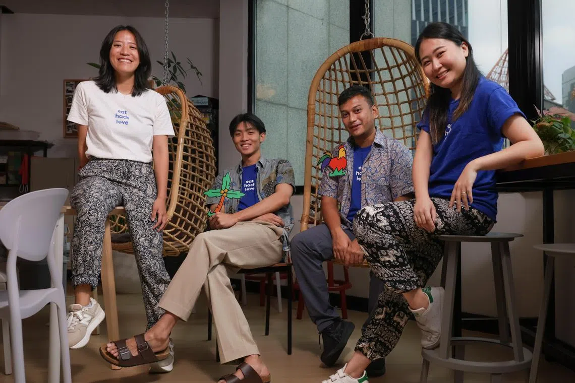KampungSpirit is a new online donation platform to raise money for specific items requested by social workers on behalf of needy households. Some of the members behind KampungSpirit: (L-R):Rachael Koh, Product Designer; Jacob Kwan, 24, Software Engineer; Jan Donyada, 37, Senior Product Manager; and  Samantha Soh, 30 Lead Product Designer; at the Open Government Products (OGP) office. 