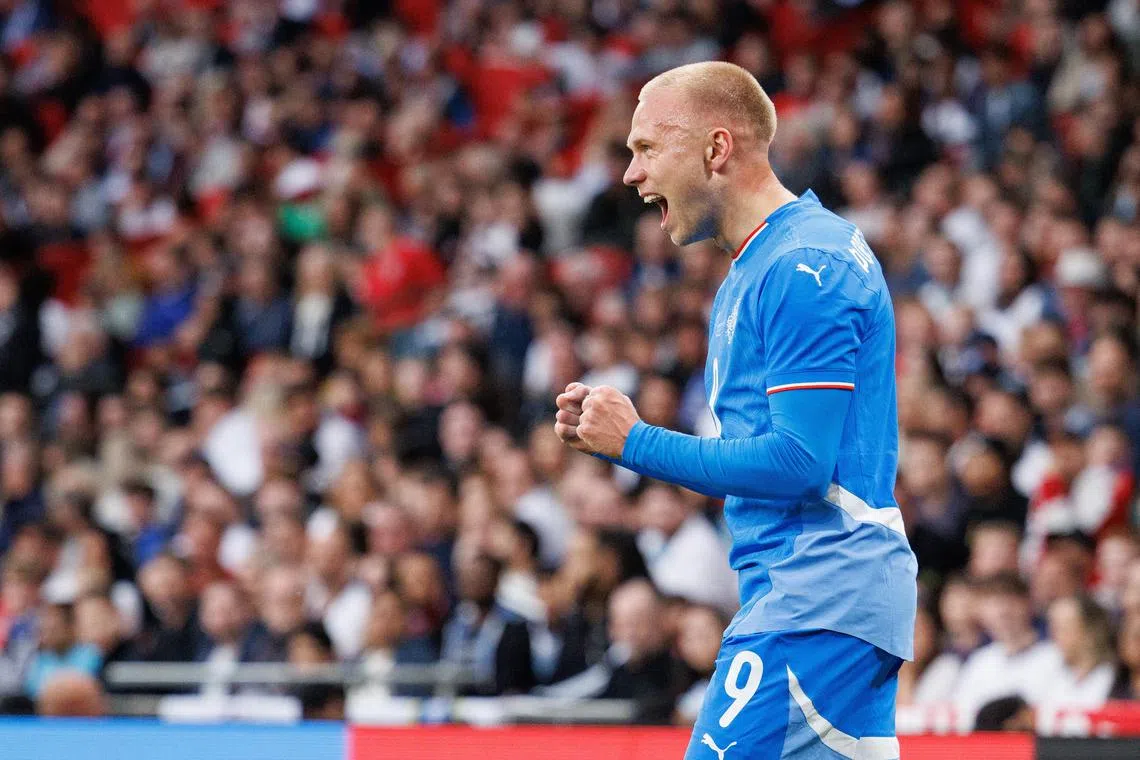 Iceland's Jon Dagur Thorsteinsson celebrates scoring the only goal of the match, 12 minutes in
