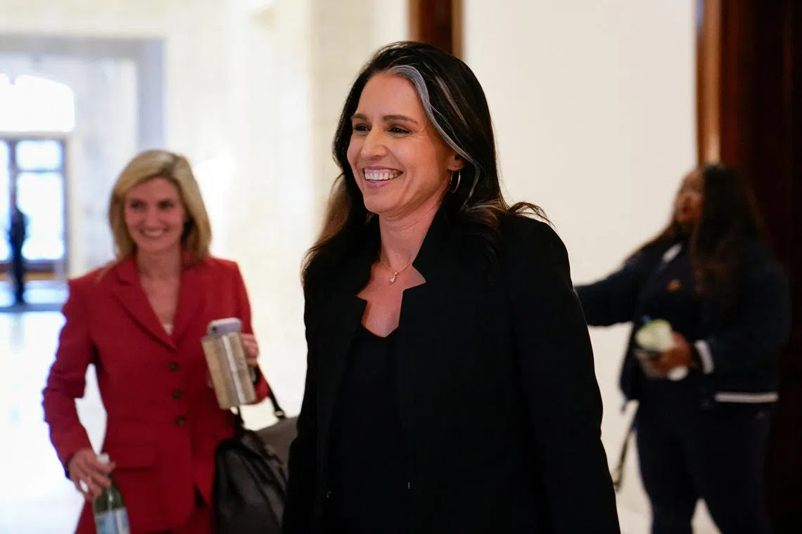 Tulsi Gabbard, U.S. President-elect Donald Trump’s nominee to be director of national intelligence, walks through Capitol Hill in Washington, U.S., December 17, 2024. REUTERS/Elizabeth Frantz