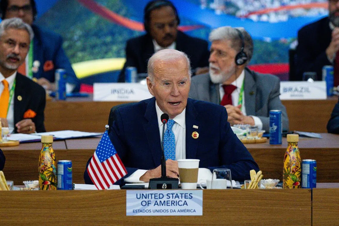 U.S. President Joe Biden delivers remarks during an event launching the Global Alliance Against Hunger and Poverty at the G20 Summit at the Museum of Modern Art in Rio de Janeiro, Brazil on Monday, Nov. 18, 2024. Eric Lee/Pool via REUTERS