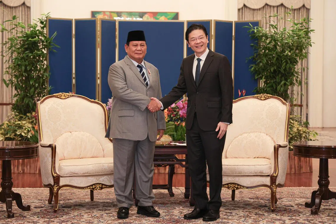 Indonesian President-elect Prabowo Subianto with PM Lawrence Wong at the Istana on June 1. PM Wong will be attending Mr Prabowo's inauguration on Oct 20.