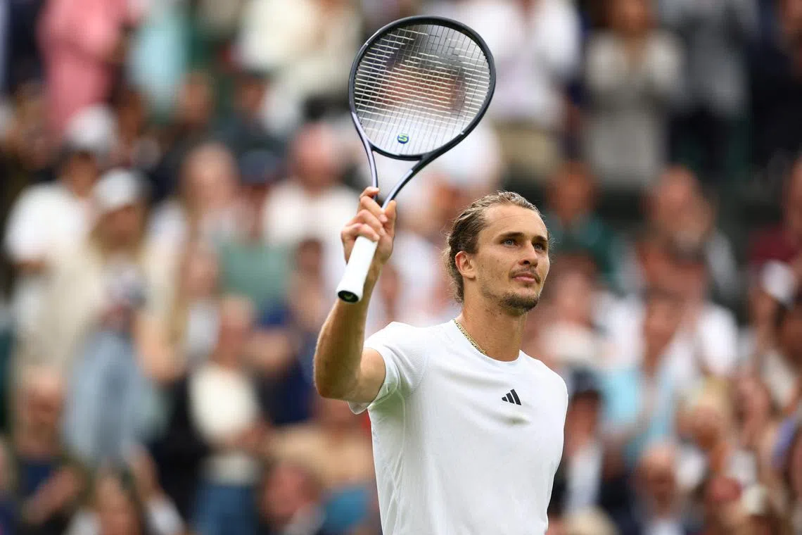 Tennis - Wimbledon - All England Lawn Tennis and Croquet Club, London, Britain - July 6, 2024 Germany's Alexander Zverev celebrates winning his third round match against Britain's Cameron Norrie REUTERS/Hannah Mckay