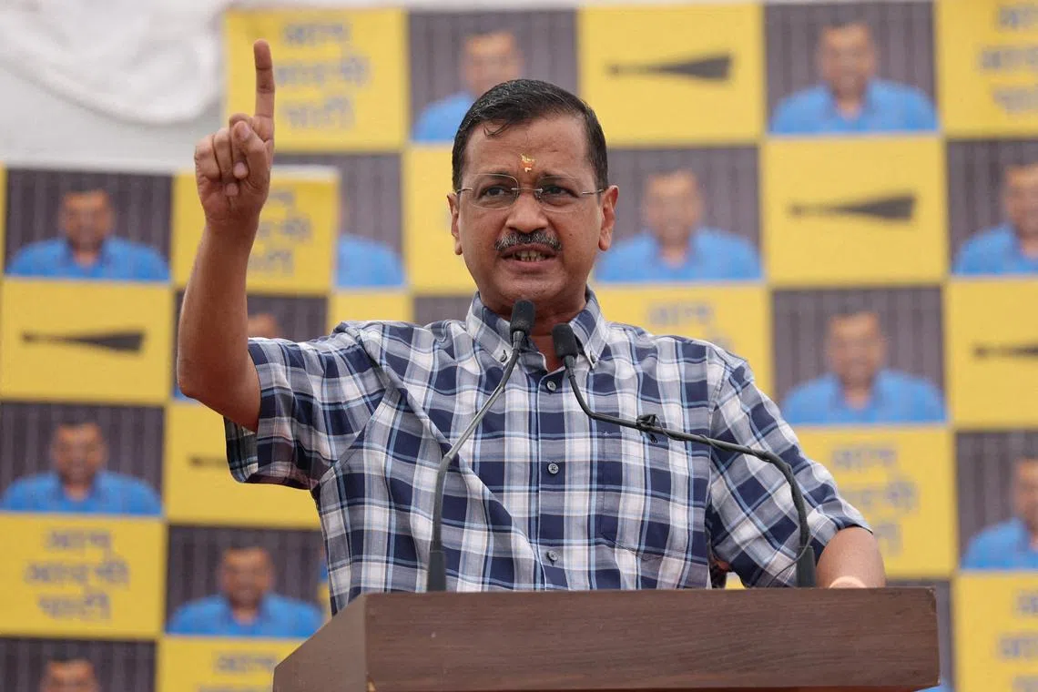 Delhi Chief Minister Arvind Kejriwal gestures as he speaks during a press conference at the Aam Aadmi Party office  after India's Supreme Court gave temporary bail to the AAP national convenor in a liquor policy case, in New Delhi, India, May 11, 2024. REUTERS/Anushree Fadnavis/File Photo