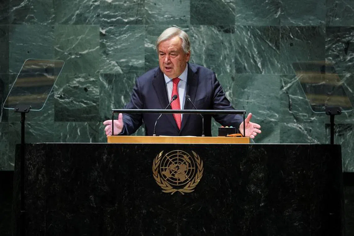 FILE PHOTO: United Nations Secretary-General Antonio Guterres addresses the 78th Session of the U.N. General Assembly in New York City, September 19, 2023. REUTERS/Mike Segar/File Photo
